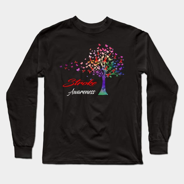 Tree Ribbons Stroke Awareness Support Stroke Warrior Gifts Long Sleeve T-Shirt by ThePassion99